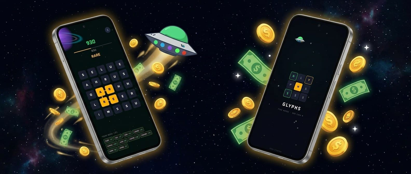 Glyphs key art: the word grid, the spacecraft and the nebula