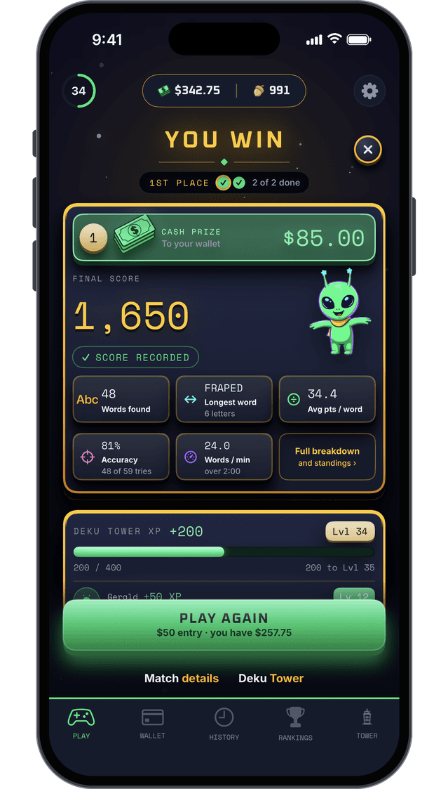 A finished Glyphs tournament: You Win, 1st place, an $85.00 cash prize to your wallet