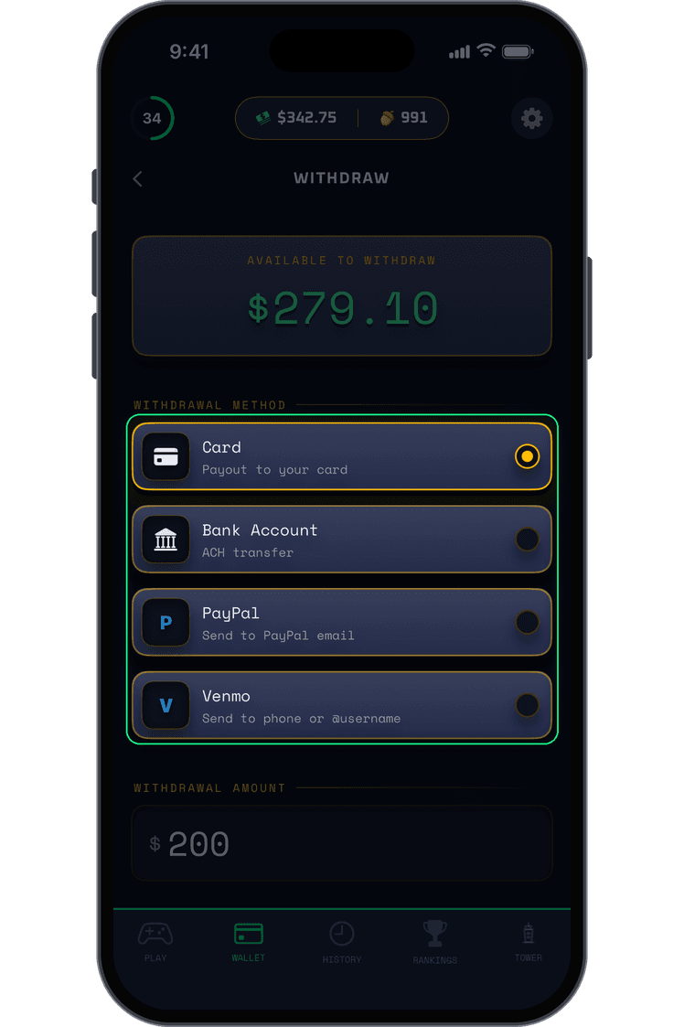 The Glyphs withdraw screen: card, bank account, PayPal and Venmo payouts
